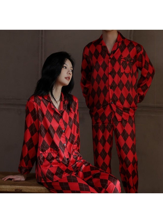 Unisex Satin Pajama Set for Men & Women, Matching Couple Sleepwear, Long Sleeve Button-Down Shirt & Pants, Silky Soft Nightwear, Red Diamond Print -MG11 - Image 1
